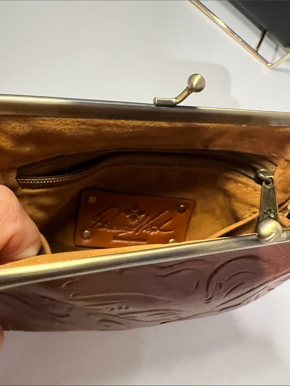 Patricia Nash Tan Embossed Leather Frame-Top Clutch - Picture 6 of 6